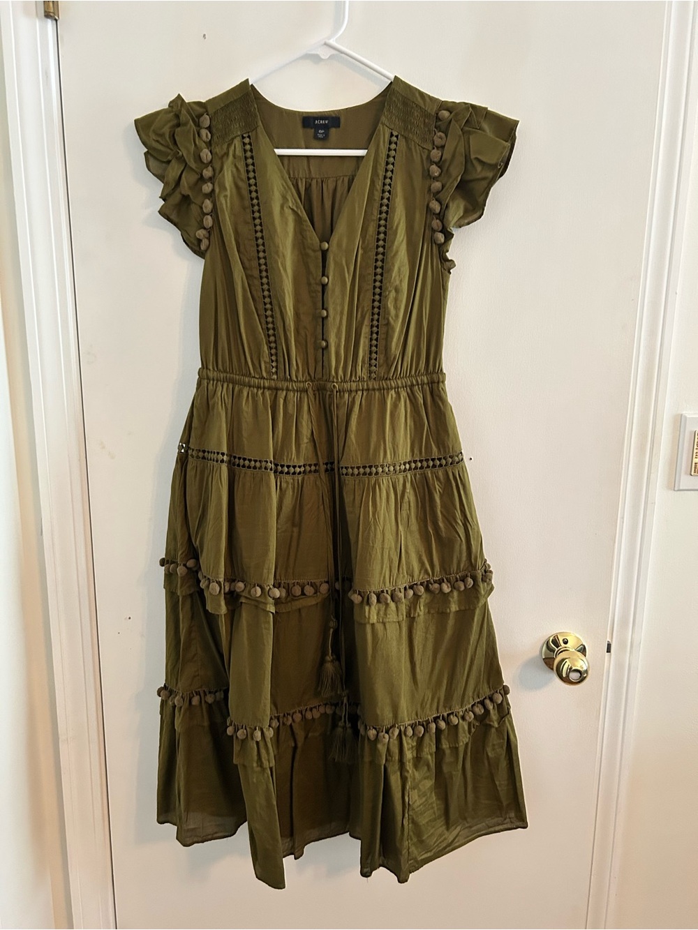 J. Crew Olive Tiered Midi Dress with Ruffle Cap Sleeves